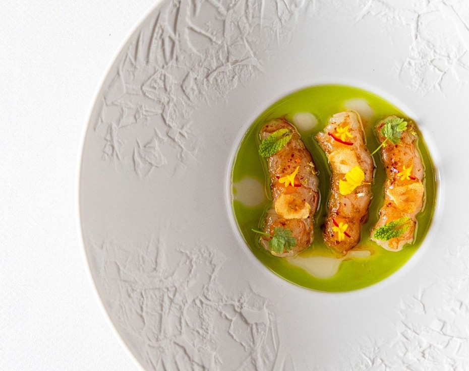Filets de poisson dorés nappés d'un bouillon vert en assiette texturée, gastronomie Restaurant l'Orchidée